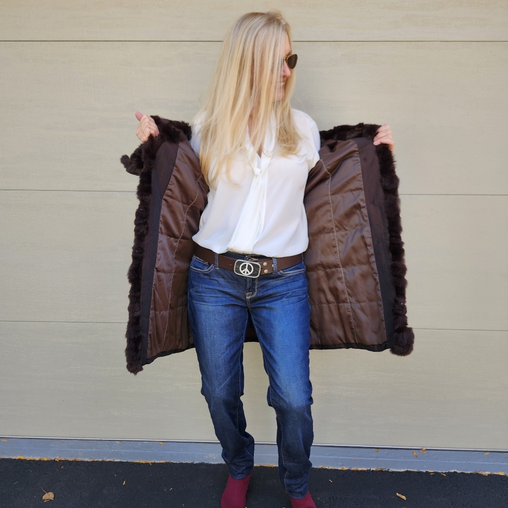 Vintage Bugatteli Brown Rex Rabbit Trimmed Fashion Coat, Medium, $75 - Picture 14 of 17